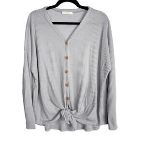 New Entro L Gray Waffle Thermal Button Front Tie Front V Neck Long Sleeve Top